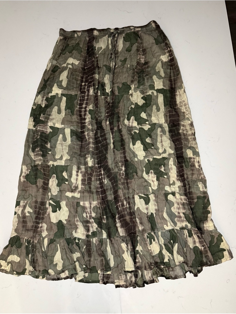 Women's Camouflage Ruffle-Hem Maxi Skirt - Olive Green